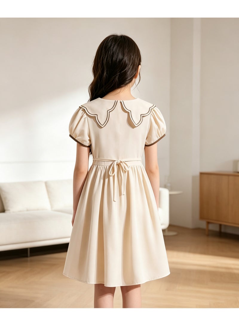 Girls' Preppy Style Puff Sleeve Dress, Casual Summer School Uniform with Sailor Collar, Tie Neck & Crown Embroidery, Comfortable A-Line Dress for Kids - Image 3