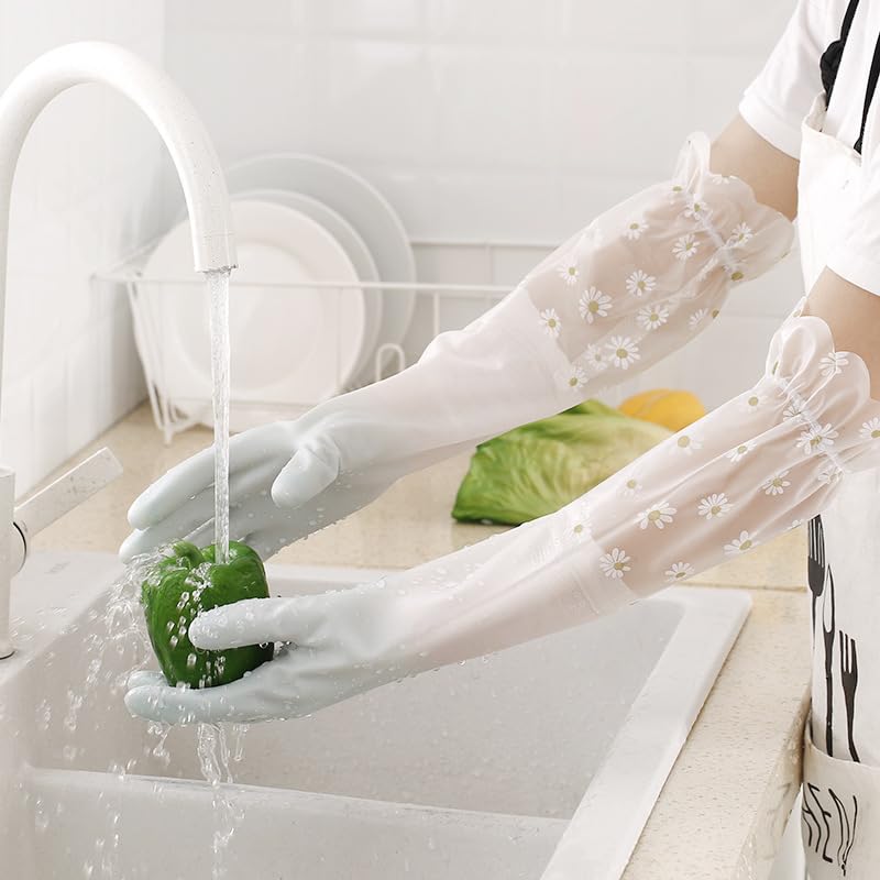 Tusmad Reusable Heavy Duty Hand Gloves For Dishwashing Housework White Long Plus Laundry Waterproof Plastic Leather Household Cleaning Gloves Kitchen Dishes Glove (Gray) - Image 2