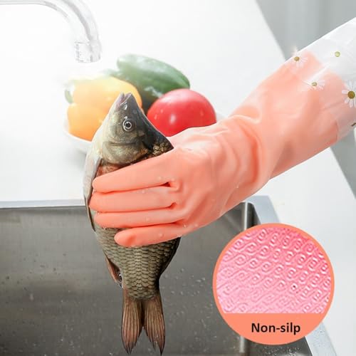 Tusmad Reusable Heavy Duty Hand Gloves For Dishwashing Housework White Long Plus Laundry Waterproof Plastic Leather Household Cleaning Gloves Kitchen Dishes Glove (Gray) - Image 4