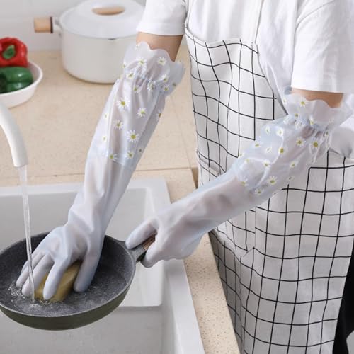 Tusmad Reusable Heavy Duty Hand Gloves For Dishwashing Housework White Long Plus Laundry Waterproof Plastic Leather Household Cleaning Gloves Kitchen Dishes Glove (Gray) - Image 3