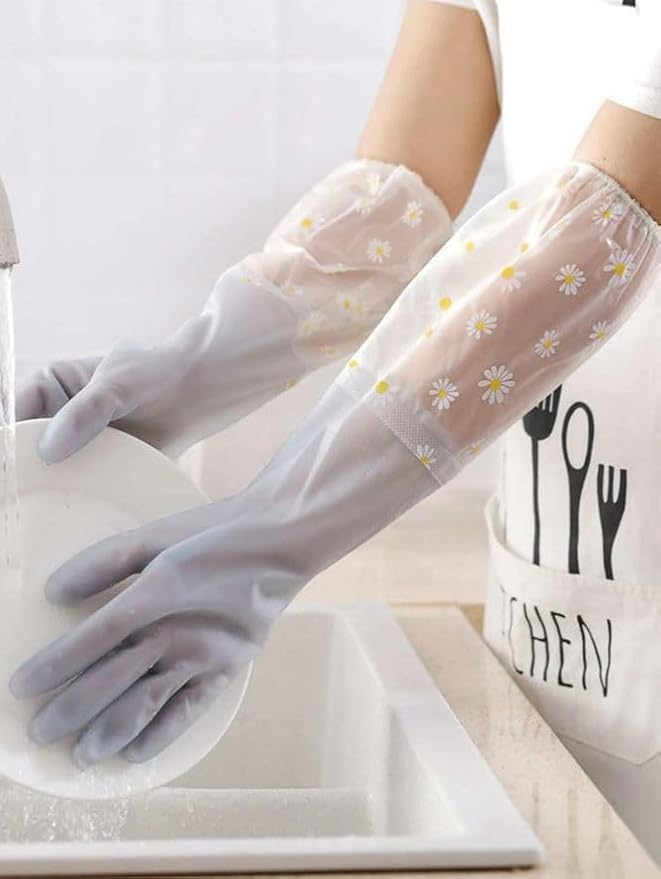 Tusmad Reusable Heavy Duty Hand Gloves For Dishwashing Housework White Long Plus Laundry Waterproof Plastic Leather Household Cleaning Gloves Kitchen Dishes Glove (Gray) - Image 5