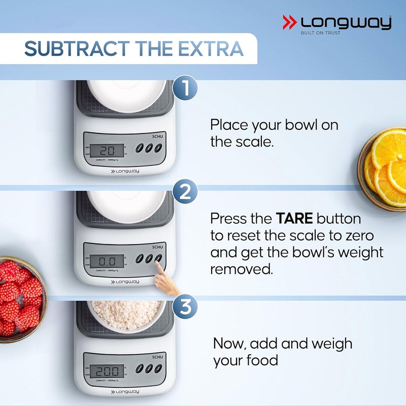 LONGWAY ميزان مطبخ رقمي محمول متعدد الاستخدامات LWKWS01 | آلة وزن مع شاشة LCD مضاءة من الخلف | ضمان لمدة 2 سنة (10 كجم، رمادي) - Image 5