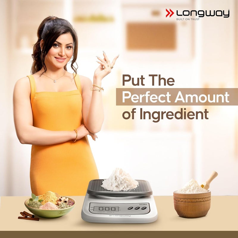LONGWAY ميزان مطبخ رقمي محمول متعدد الاستخدامات LWKWS01 | آلة وزن مع شاشة LCD مضاءة من الخلف | ضمان لمدة 2 سنة (10 كجم، رمادي) - Image 2
