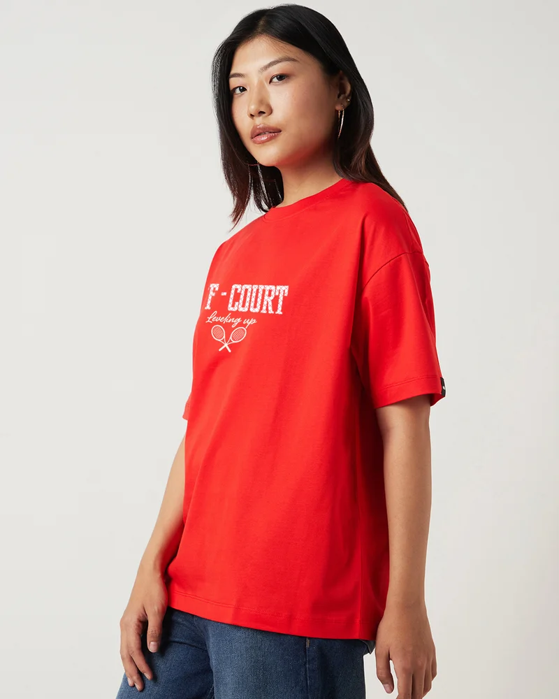 bewakoof Women's Fiesta Red Off Court Graphic Printed Oversized T-shirt