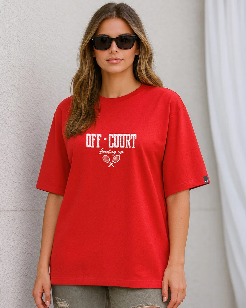 Women's Fiesta Red Off Court Graphic Printed Oversized T-shirt
