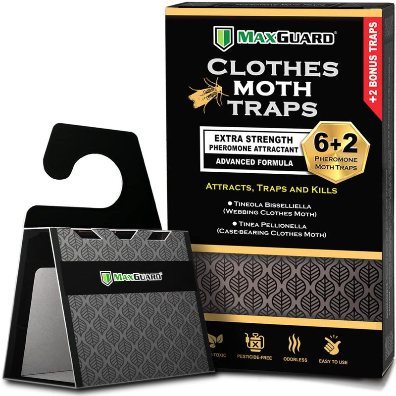 MaxGuard Clothes Moth Traps (6+2 Free Traps) with Extra Strength Pheromones | Non-Toxic Sticky Glue Trap for Closets and Carpet Moths | No Mothballs | Lure, Trap and Kill Case-Bearing Webbing Moths | - Image 1
