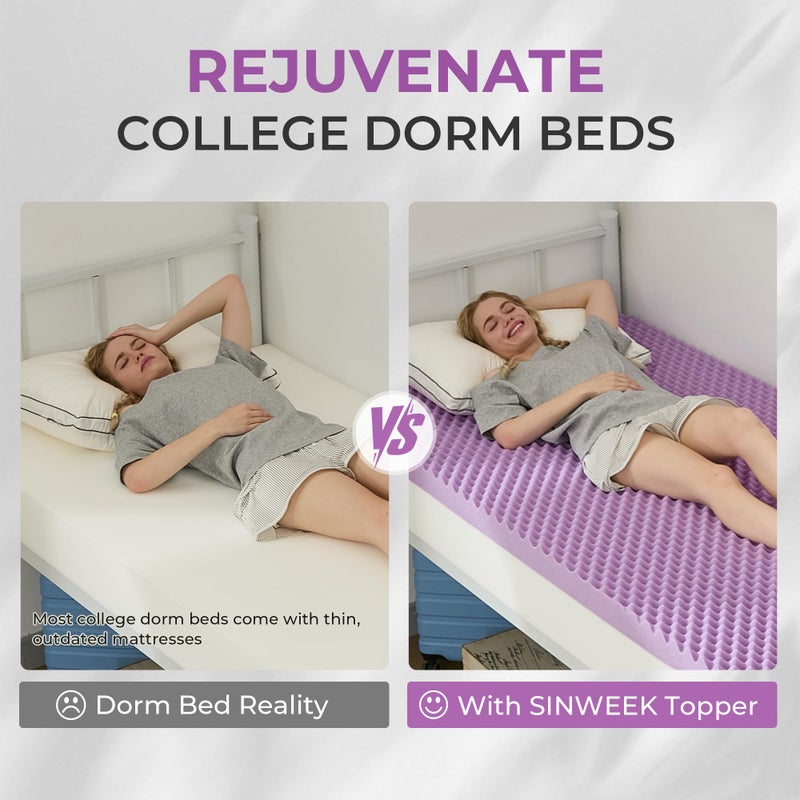 SINWEEK 2 Inch Egg Crate Memory Foam Mattress Topper Twin XL, Twin Extra Long Mattress Pads for College Dorm Single Bed, Pressure Relieve CertiPUR-US Certified,39x80 Inches - Image 2