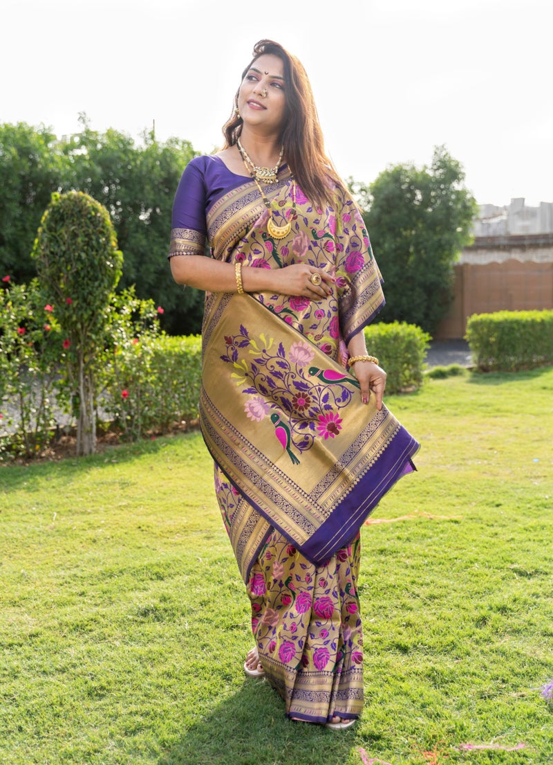 AMIRAT Women's Paithani Silk Saree With Zari Work & Blouse Piece (Purple) - Image 3