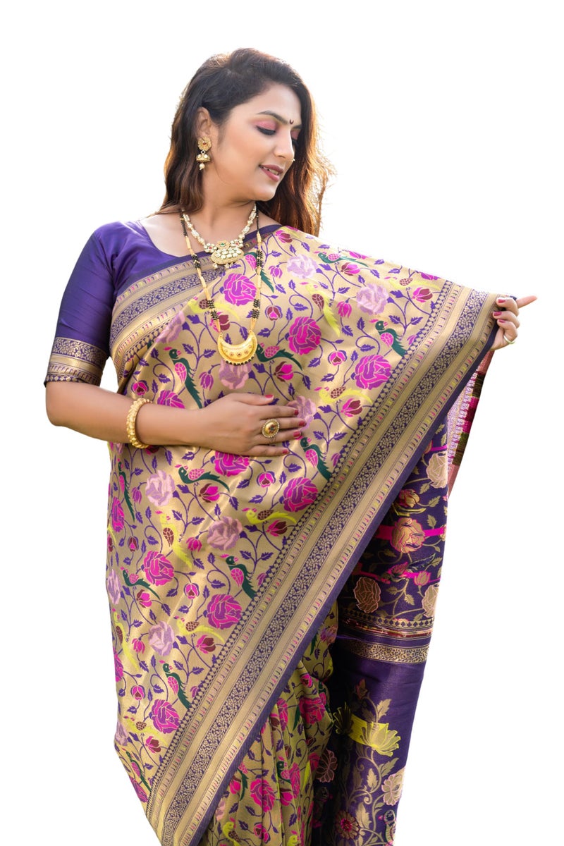 AMIRAT Women's Paithani Silk Saree With Zari Work & Blouse Piece (Purple) - Image 1