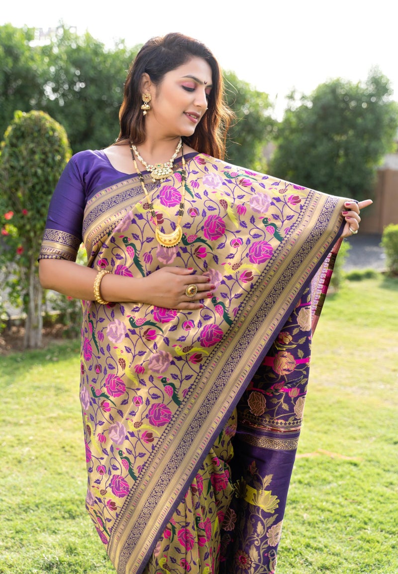 AMIRAT Women's Paithani Silk Saree With Zari Work & Blouse Piece (Purple) - Image 4