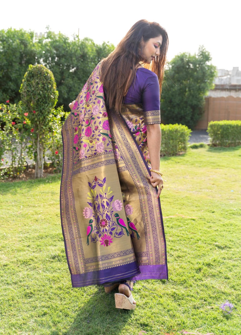 AMIRAT Women's Paithani Silk Saree With Zari Work & Blouse Piece (Purple) - Image 5