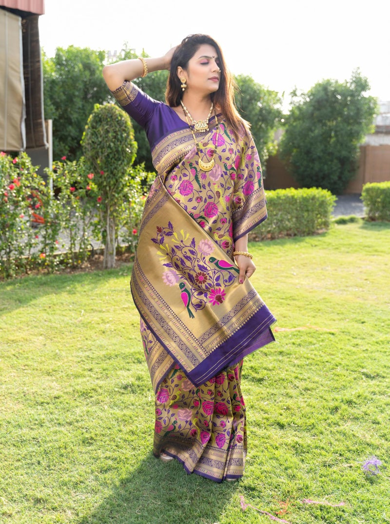 AMIRAT Women's Paithani Silk Saree With Zari Work & Blouse Piece (Purple) - Image 2