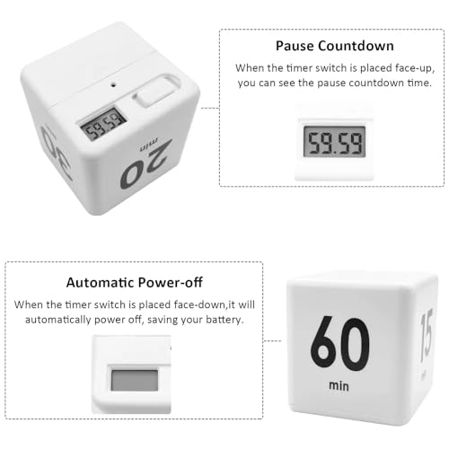 Mockery Cube Kitchen Timer Gravity Sensor Flip Cube Countdown Timer 2.6 Inch Kids Square Workout Exercise Timer15-20-30-60 Minutes for Time Management (White) - Image 3