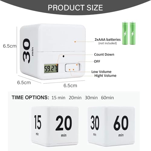 Mockery Cube Kitchen Timer Gravity Sensor Flip Cube Countdown Timer 2.6 Inch Kids Square Workout Exercise Timer15-20-30-60 Minutes for Time Management (White) - Image 2