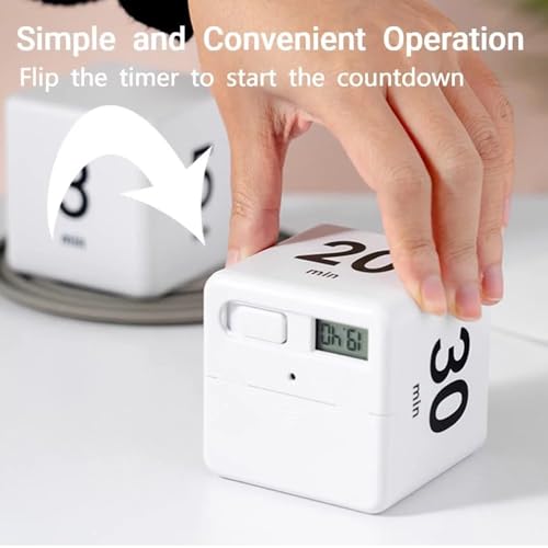 Mockery Cube Kitchen Timer Gravity Sensor Flip Cube Countdown Timer 2.6 Inch Kids Square Workout Exercise Timer15-20-30-60 Minutes for Time Management (White) - Image 4