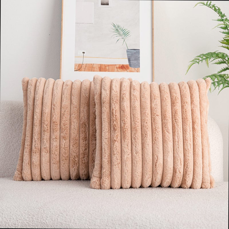 DEELAND Pack of 2DoubleSided Faux Fur Plush Decorative Throw Pillow Covers Fuzzy Striped Soft Pillowcase Cushion Covers for Sofa Couch Bedroom