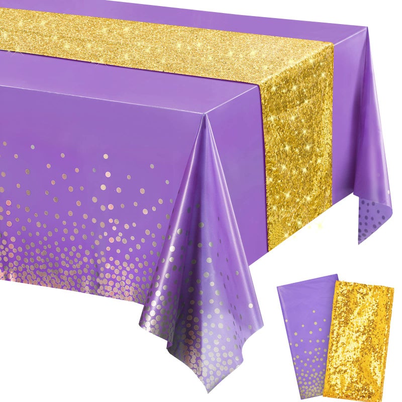 Irenare Tablecloth and Sequin Table Runner Set Polka Dots Confetti Table Cover Dining Plastic Tablecloths Glitter Decorations for Birthday Wedding Anniversary Party SuppliesPurple Gold2 Pcs