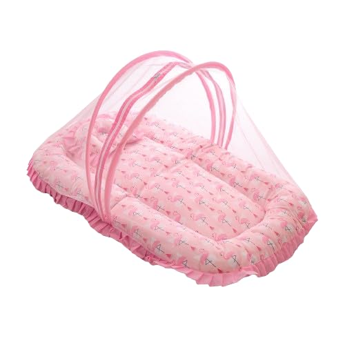 mee mee Mee Mee Cushioned Baby Mattress Set with Mosquito Net and Pillow - Flemingo - Image 1