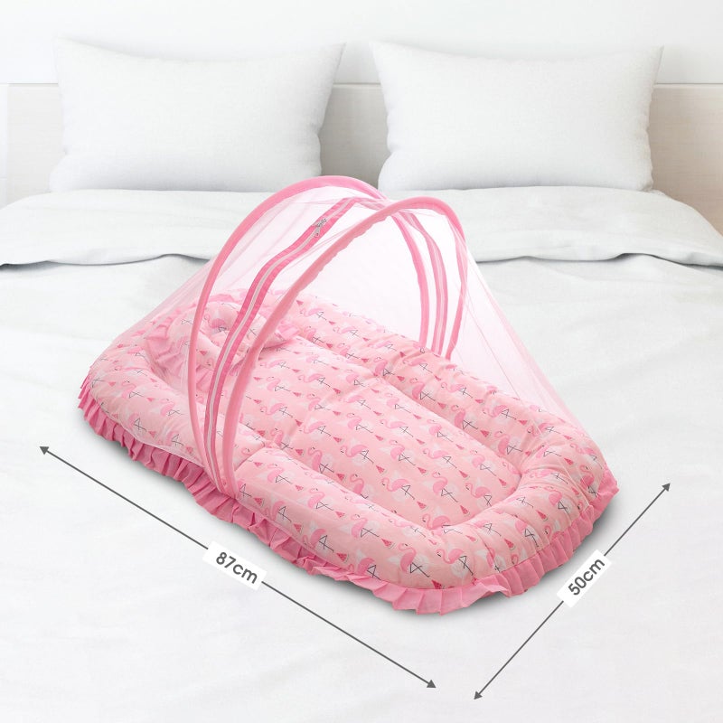 mee mee Mee Mee Cushioned Baby Mattress Set with Mosquito Net and Pillow - Flemingo - Image 5