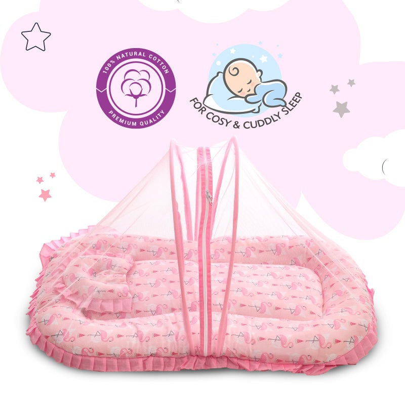 mee mee Mee Mee Cushioned Baby Mattress Set with Mosquito Net and Pillow - Flemingo - Image 2