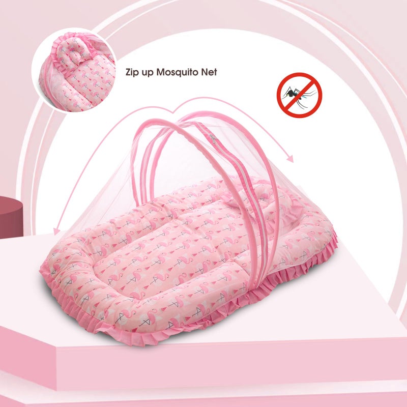 mee mee Mee Mee Cushioned Baby Mattress Set with Mosquito Net and Pillow - Flemingo - Image 3