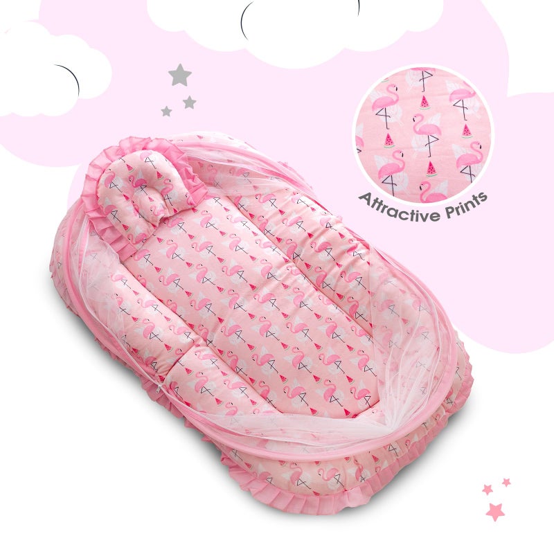 mee mee Mee Mee Cushioned Baby Mattress Set with Mosquito Net and Pillow - Flemingo - Image 4