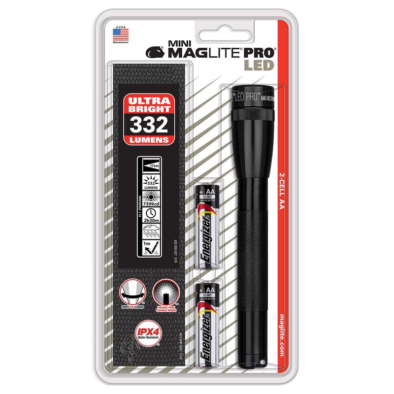 MagLite Mini LED PRO Flashlight - Ultra Bright 332 Lumens, Adjustable Beam, Water-Resistant IPX4, Shock Resistant, 2 Power Modes, Includes 2 AA Premium Alkaline Batteries - (Holster Pack, Black) - Image 3