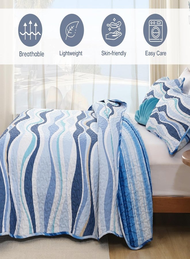 DJY Blue Seawaves Ocean Quilt Set Queen Coastal Beach Theme Quilt Coverlet Soft Microfiber Reversible Bedspread with 2 Pillow Shams 3 Pieces Nautical Stripe Bedding Quilt for All Season 90"x96" - Image 4