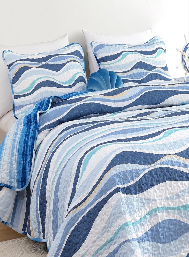 DJY Blue Seawaves Ocean Quilt Set Queen Coastal Beach Theme Quilt Coverlet Soft Microfiber Reversible Bedspread with 2 Pillow Shams 3 Pieces Nautical Stripe Bedding Quilt for All Season 90"x96" - Image 5
