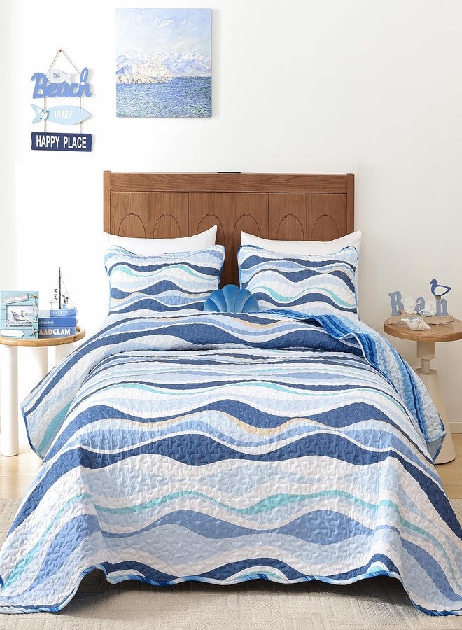 DJY Blue Seawaves Ocean Quilt Set Queen Coastal Beach Theme Quilt Coverlet Soft Microfiber Reversible Bedspread with 2 Pillow Shams 3 Pieces Nautical Stripe Bedding Quilt for All Season 90"x96" - Image 1