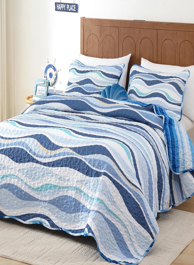 DJY Blue Seawaves Ocean Quilt Set Queen Coastal Beach Theme Quilt Coverlet Soft Microfiber Reversible Bedspread with 2 Pillow Shams 3 Pieces Nautical Stripe Bedding Quilt for All Season 90"x96" - Image 2
