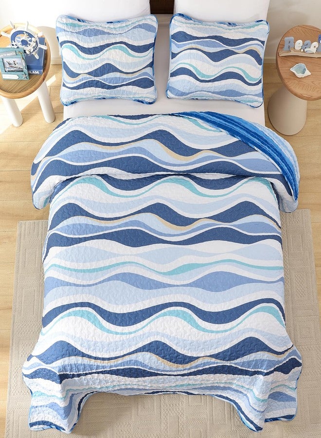 DJY Blue Seawaves Ocean Quilt Set Queen Coastal Beach Theme Quilt Coverlet Soft Microfiber Reversible Bedspread with 2 Pillow Shams 3 Pieces Nautical Stripe Bedding Quilt for All Season 90"x96" - Image 3