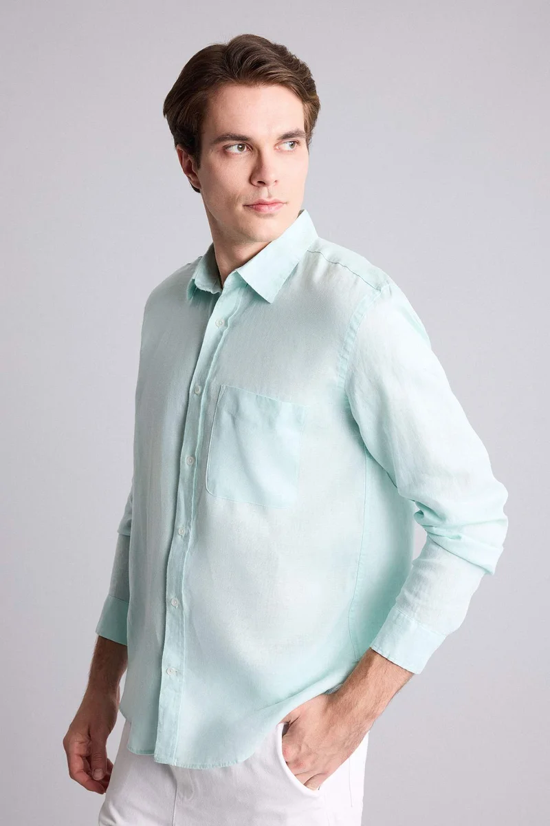 Regular Fit Polo Collar Linen Long Sleeve Shirt