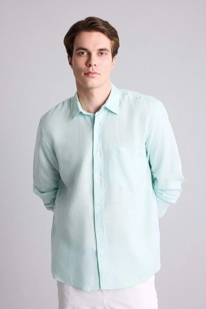 Defacto  Regular Fit Polo Collar Linen Long Sleeve Shirt for Men | Best Price UAE