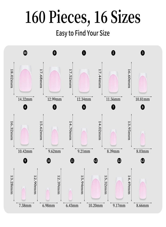 Cycullinyt French Tip Press On Nails: 160 PCS Pink Short Square Press On Nail Tips Full Cover Soft Gel Fake Nails, 16 Sizes Pre-Shaped French Nail Tips for Acrylic Nails DIY Nail Art Salon Home Use - Image 4