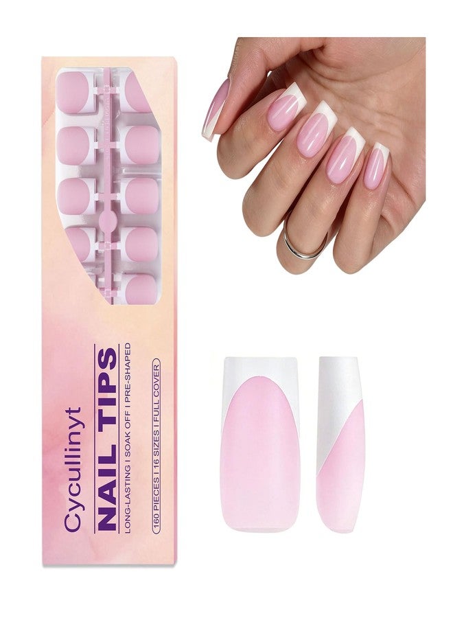 Cycullinyt French Tip Press On Nails: 160 PCS Pink Short Square Press On Nail Tips Full Cover Soft Gel Fake Nails, 16 Sizes Pre-Shaped French Nail Tips for Acrylic Nails DIY Nail Art Salon Home Use - Image 1