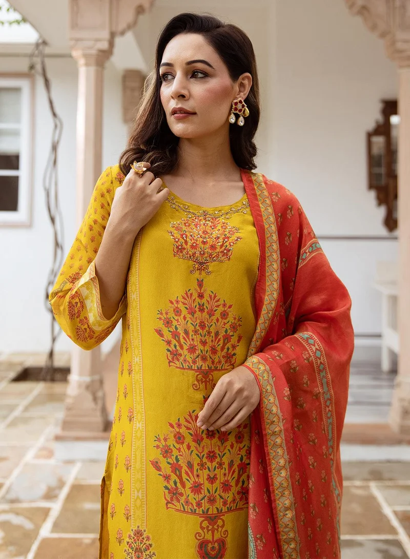 ISHIN Women's Mustard Viscose Blend Printed Tunic Full Length Casual Straight Fit Kurta Set