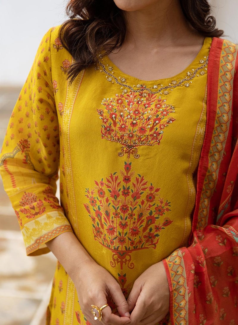 ISHIN Women's Mustard Viscose Blend Printed Tunic Full Length Casual Straight Fit Kurta Set - Image 3