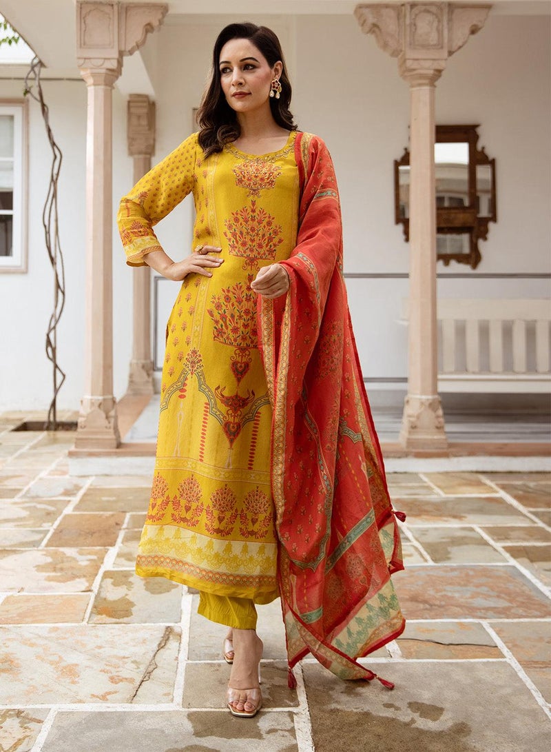 ISHIN Women's Mustard Viscose Blend Printed Tunic Full Length Casual Straight Fit Kurta Set - Image 5