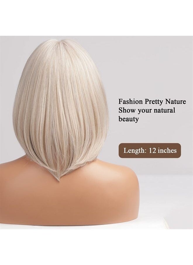 12 Inch Blonde to White Bob Wigs with Bangs Ombre to Blonde Hair Synthetic Heat Resistant for Women