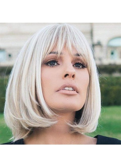 12 Inch Blonde to White Bob Wigs with Bangs Ombre to Blonde Hair Synthetic Heat Resistant for Women