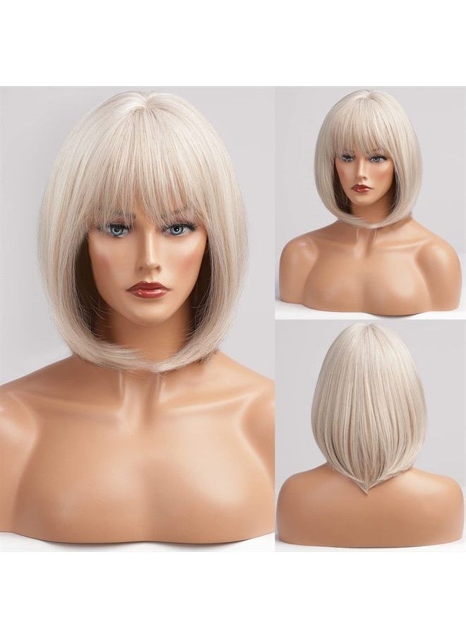 12 Inch Blonde to White Bob Wigs with Bangs Ombre to Blonde Hair Synthetic Heat Resistant for Women