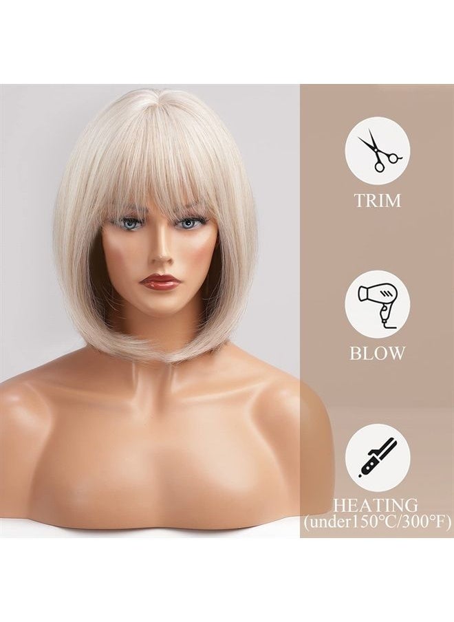 12 Inch Blonde to White Bob Wigs with Bangs Ombre to Blonde Hair Synthetic Heat Resistant for Women