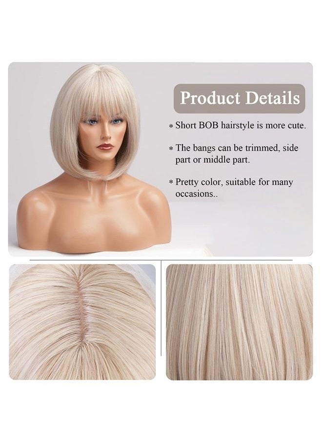 12 Inch Blonde to White Bob Wigs with Bangs Ombre to Blonde Hair Synthetic Heat Resistant for Women