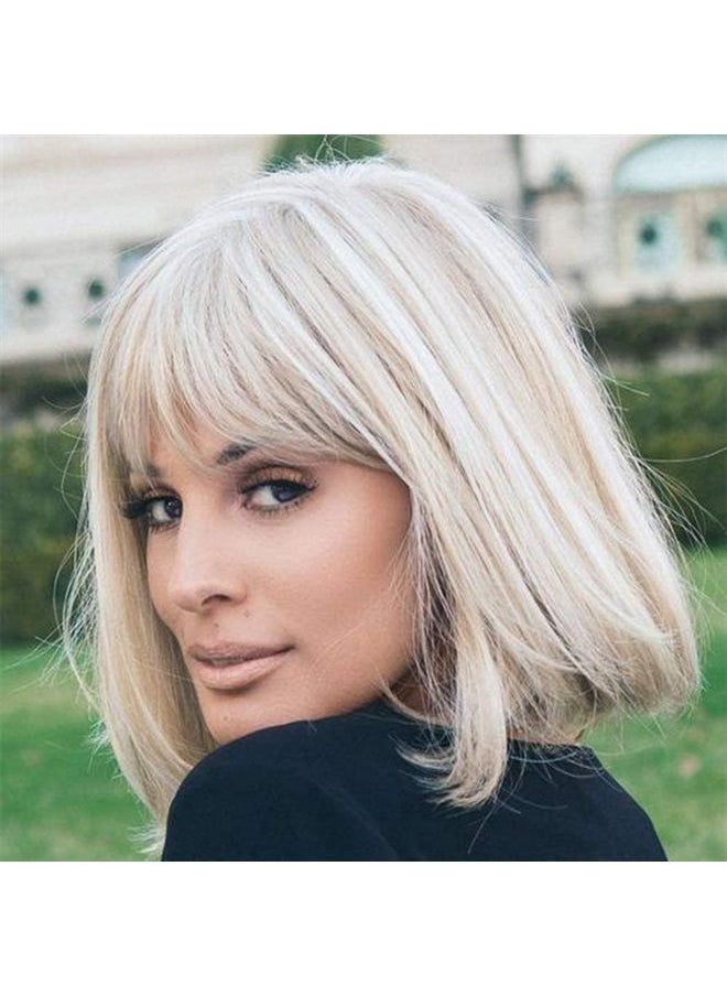 12 Inch Blonde to White Bob Wigs with Bangs Ombre to Blonde Hair Synthetic Heat Resistant for Women