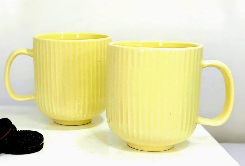 Kittens KITTENS Line Pattern Large Coffee Mug, Pastel Yellow, 300 ml, Set of 2 
