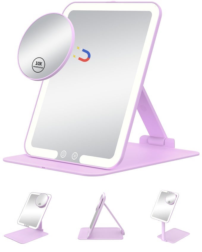 TRAVEL MAKEUP MIRROR WITH LIGHTS AND MAGNIFICATION 10X PORTABLE MAKE UP COMPACT TABLETOP COSMETIC WITH ADJUSTABLE STAND 3 COLORED LIGHT RECHARGEABLE LED VANITY MIRROR PURPLE