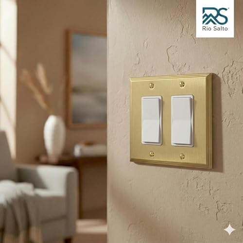 Rio Salto BRASS Rocker Light Switch Cover Plate Double Rocker Switch Plate 2 Gang Decorator Paddle GFCI Brushed Gold Metal Outlet Covers Decorative Wall Plates — Deco Collection, Standard, 4.50"x4.56" - Image 3
