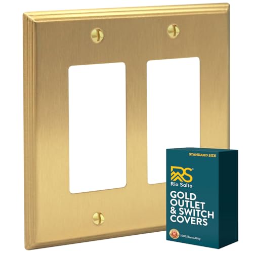 Rio Salto BRASS Rocker Light Switch Cover Plate Double Rocker Switch Plate 2 Gang Decorator Paddle GFCI Brushed Gold Metal Outlet Covers Decorative Wall Plates — Deco Collection, Standard, 4.50"x4.56" - Image 1