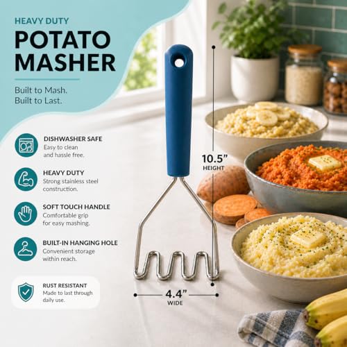 Xidgets 2pc Gift Set | Large Stainless Steel Meat Chopper & Potato Masher | 6-Blade Ground Beef Chopper Tool | Oversized Ergonomic Handle | Heat Resistant Grip | Dishwasher Safe (Lagoon Blue/Lagoon blue) - Image 5